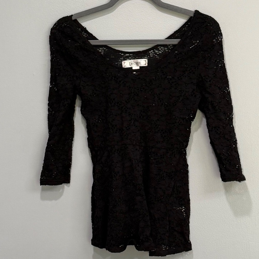 Vtg y2k goth grunge Womens Black Floral Lace 3/4 Peplum Top Size S